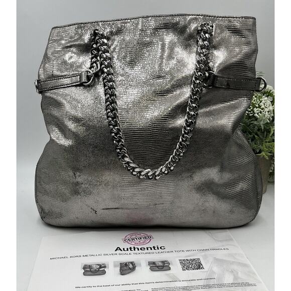 Michael Kors Authenticated Lacey Nickel Silver Leather Foldover Tote Metal Chain - Picture 1 of 15